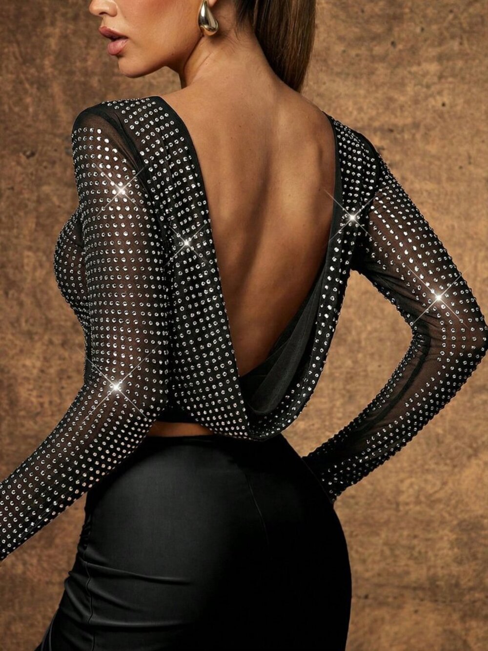 Black Party Women's Sexy Cowl Back Long Sleeves Mesh Top - Picture 2 of 4